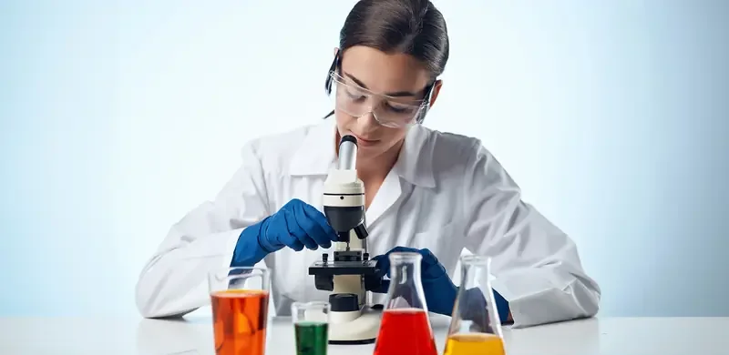 Laborantica za mikroskopom uz uzorke